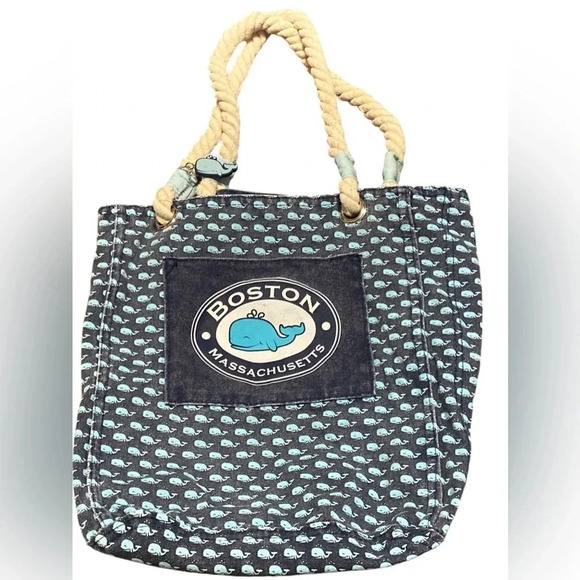 Boston Mass bag denim material cute whale key chain large pocket in front - Picture 1 of 4
